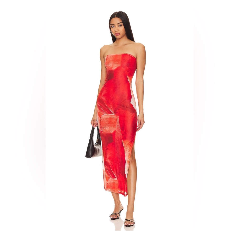 Strapless Red Brushstroke Midi Dress